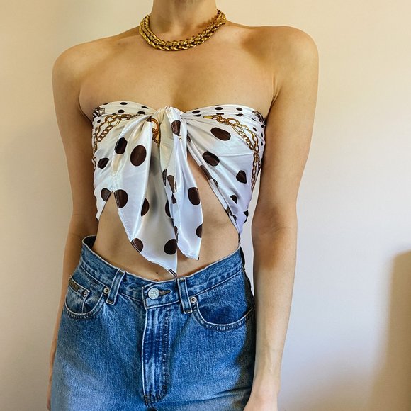 Satin Chocolate Polkadot Gold Chain Scarf Top - Picture 4 of 8